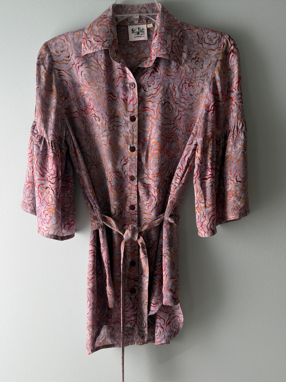 Go Fish Clothing Co. Abstract Floral Swirl Ruffle Sleeve Button Down Tunic Top S